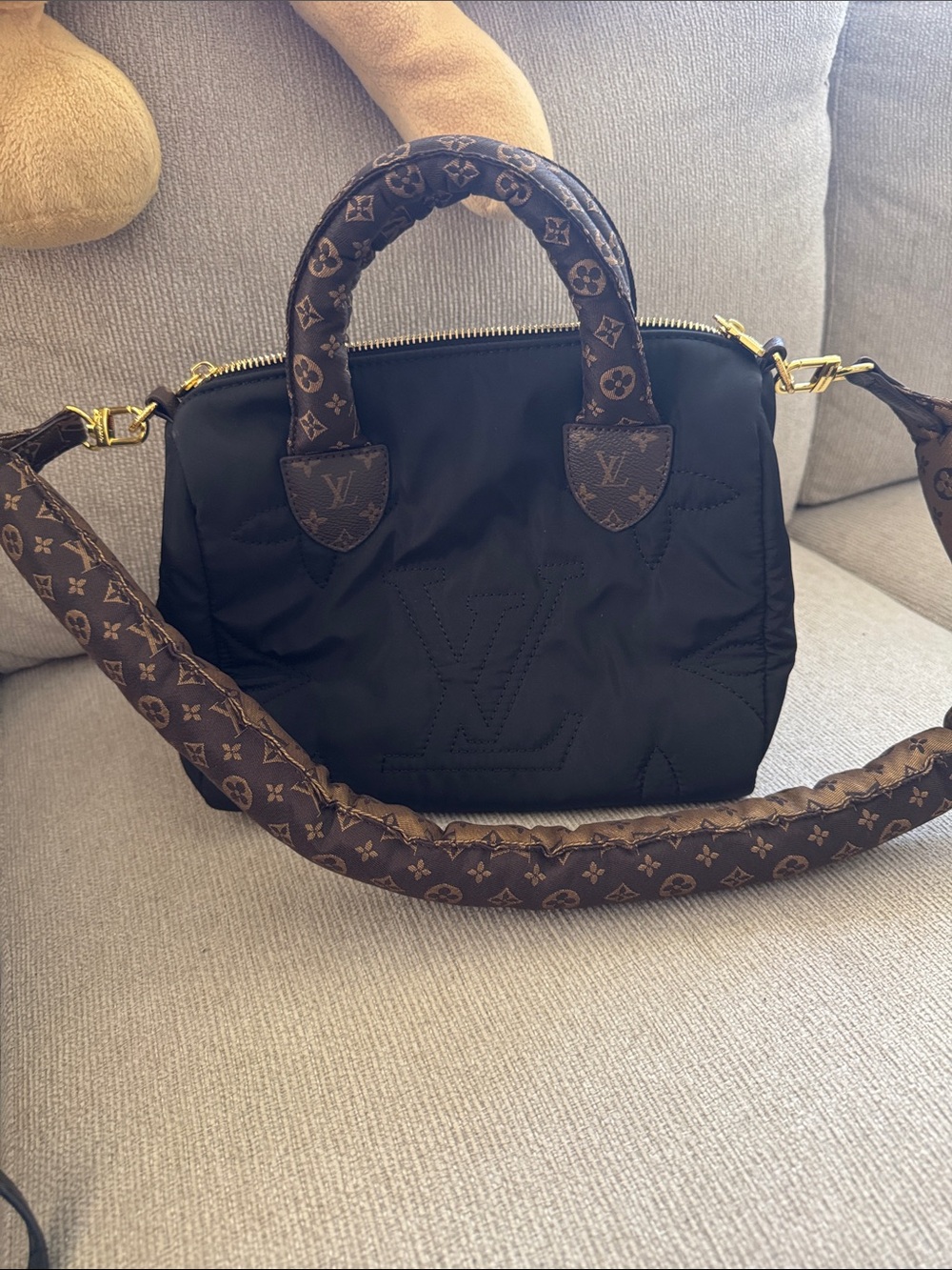 Black Quilted Nylon and Monogram Satchel